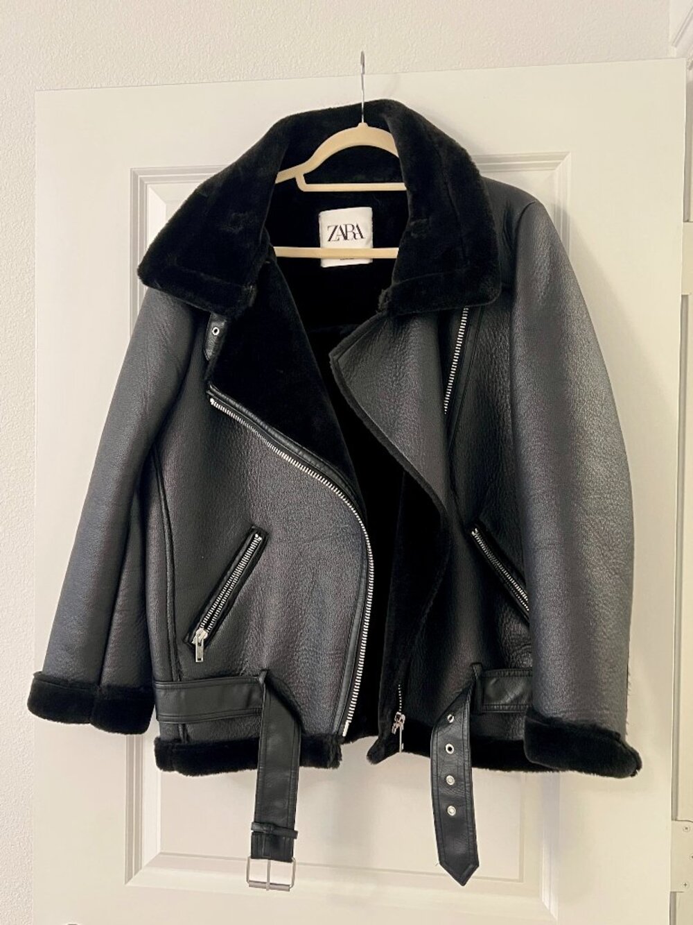 Zara Moto Faux Shearling Leather Black Jacket Coat
